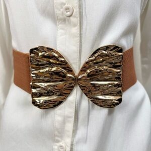 Brown elastic waistband belt with gold tone butterfly buckle
